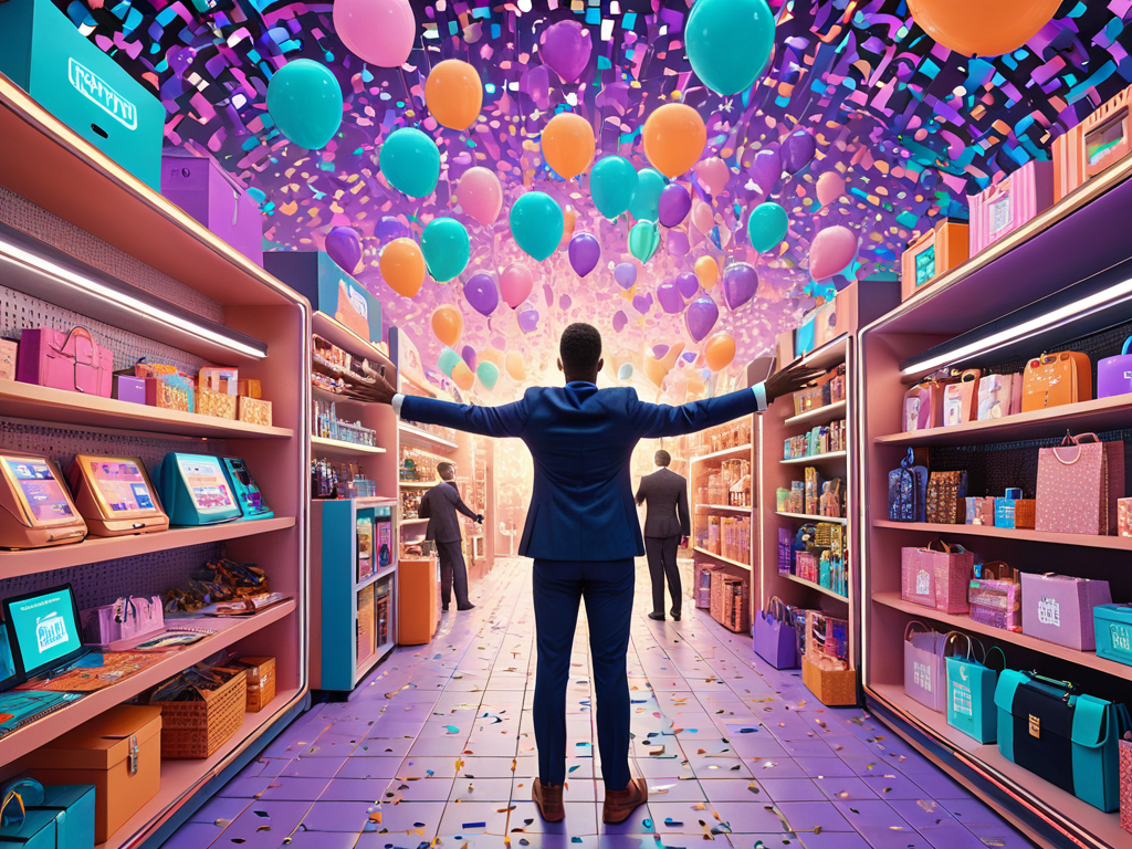 A colorful illustration of a person buying products from different online store 