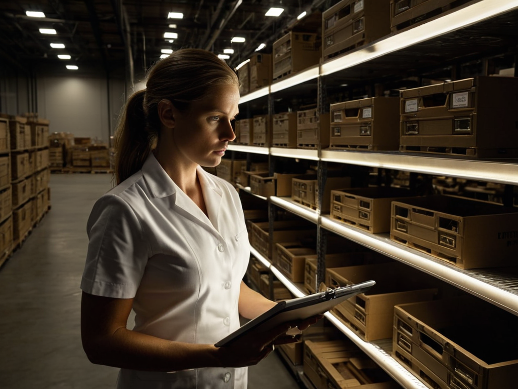 Woman in warehouse taking inventory with clipboard, focused and pensive