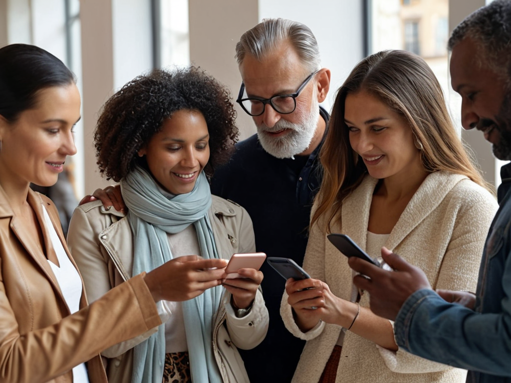 People from different cultures and ages shopping online together, with a smartph